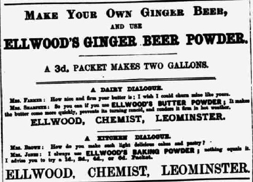 Advert for Ellwoods Ginger Beer powder from 1884