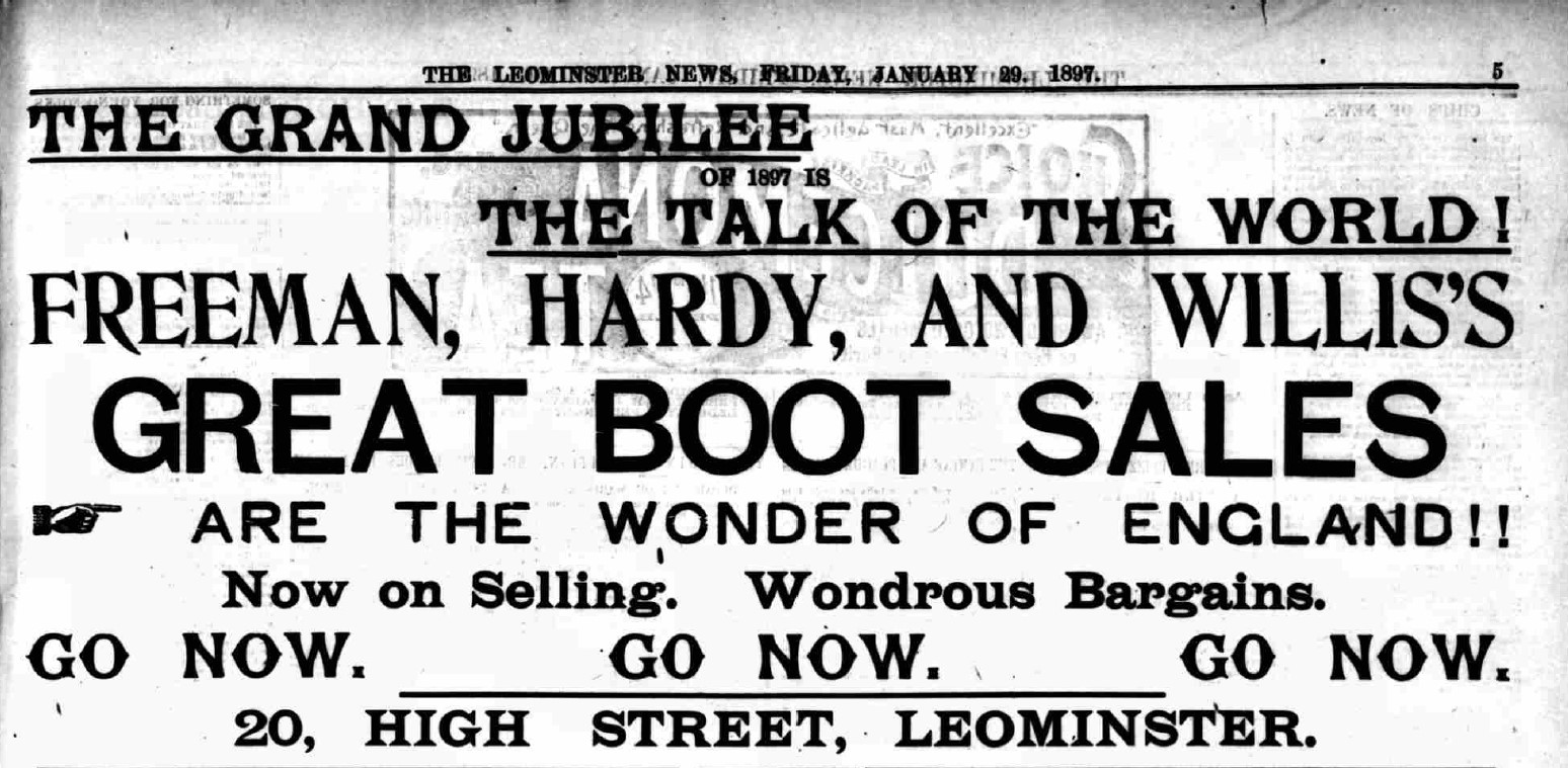 Advert for Freeman Hardy & Willis Great Boot Sales from 1897