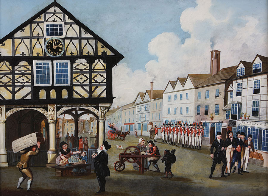 This painting by local artist, John Scarlett Davis, shows what the Market House looked like on its original site at the top of Broad Street in the early 18th century, when Scarlett Davis was a boy. Image courtesy of Hereford Museum and Art Gallery, Herefordshire Museum Service.