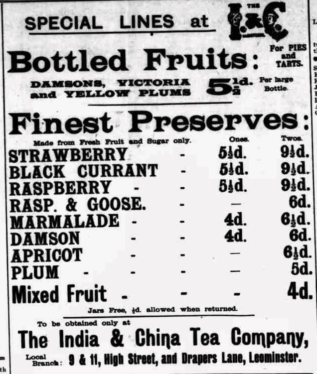 Advert for fruits and Jams from the India & China Tea co 1908