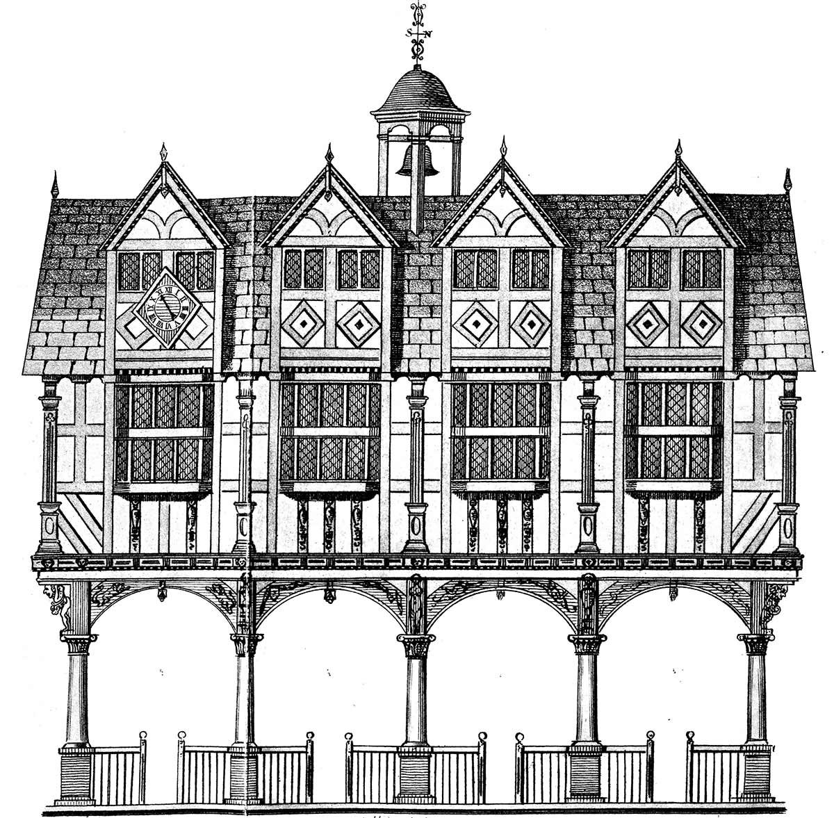 An engraving of Leominster’s Market House by John Price, published in 1795. Image courtesy of LARC Development Trust.