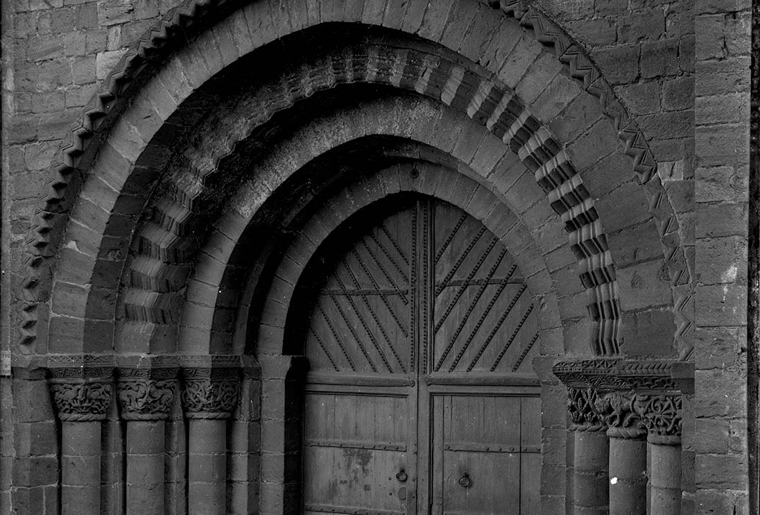 The outside of the West Door of Henry I’s church, still  visible today. © Image courtesy of Leominster Museum.